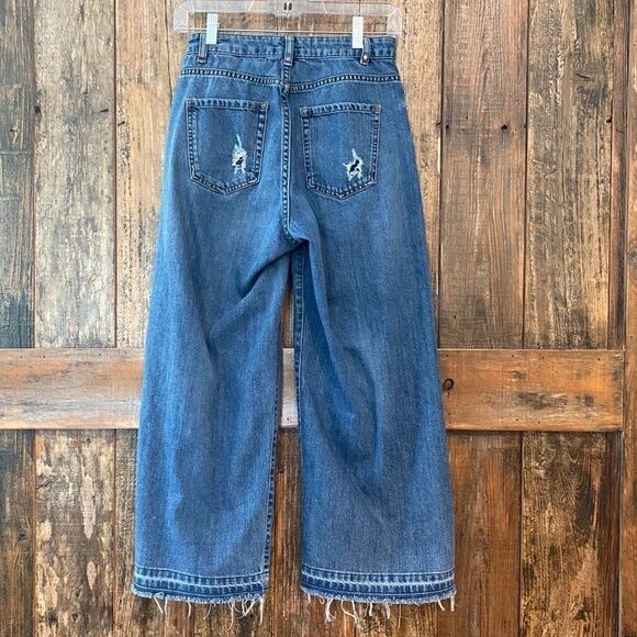 Studio Only 34 Blue Denim HighWaisted Raw Hem Wide Leg Distressed Jeans - Picture 8 of 13